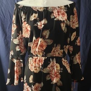Off The Shoulder Long Sleeve Flower Print Dress